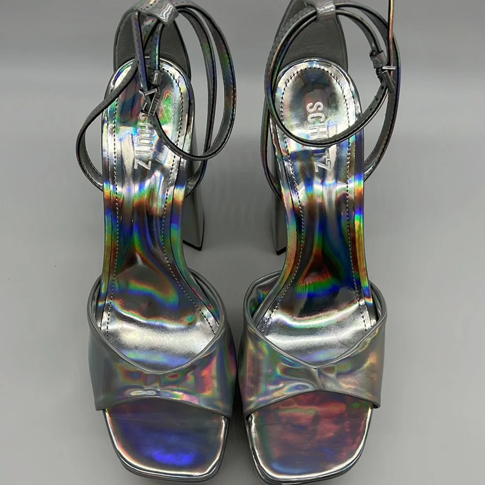 SCHUTZ NWB Aryia Metallic Faux Leather Platform Sandals Spechio Holographic